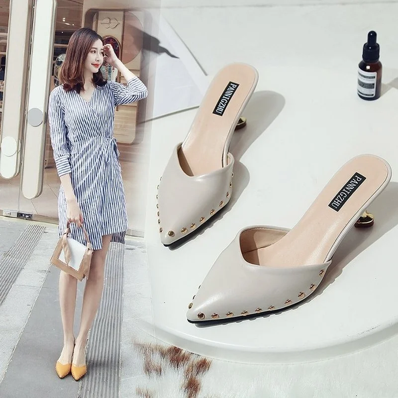 

Slippers women's spring Korean style pointed toe head half slippers women's stiletto heels rivet sandals women's