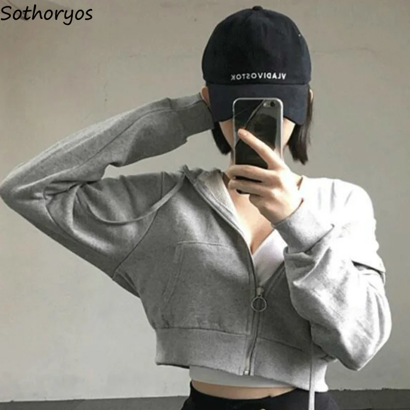 

Hoodies Women Hooded Solid Short Style Zipper Slim Harajuku Chic Trendy Simple All-match Thin Long Sleeve New Streetwear