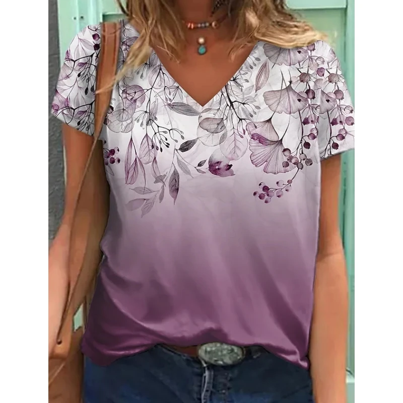 

New Women's T-shirt Summer Fashion 3D Floral Print Shirt V-neckline Sexy Street Short Sleeve T Cheap Women's Beauty Ladies 6XL