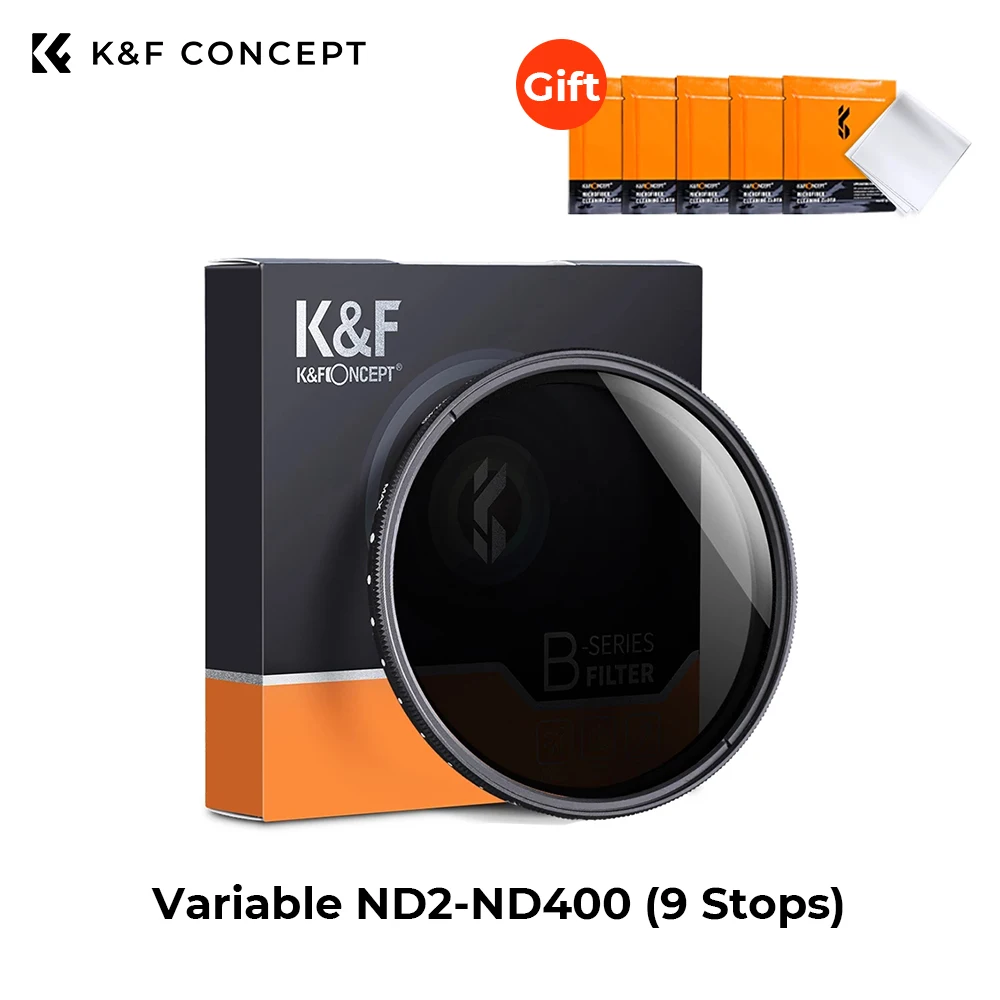

K&F Concept ND2-ND400 9 Stops Variable Neutral Density Filter 37/40.5/43/46/49/52/55/62/ 67/72/77/82mm with 5PCS Cleaning Cloth