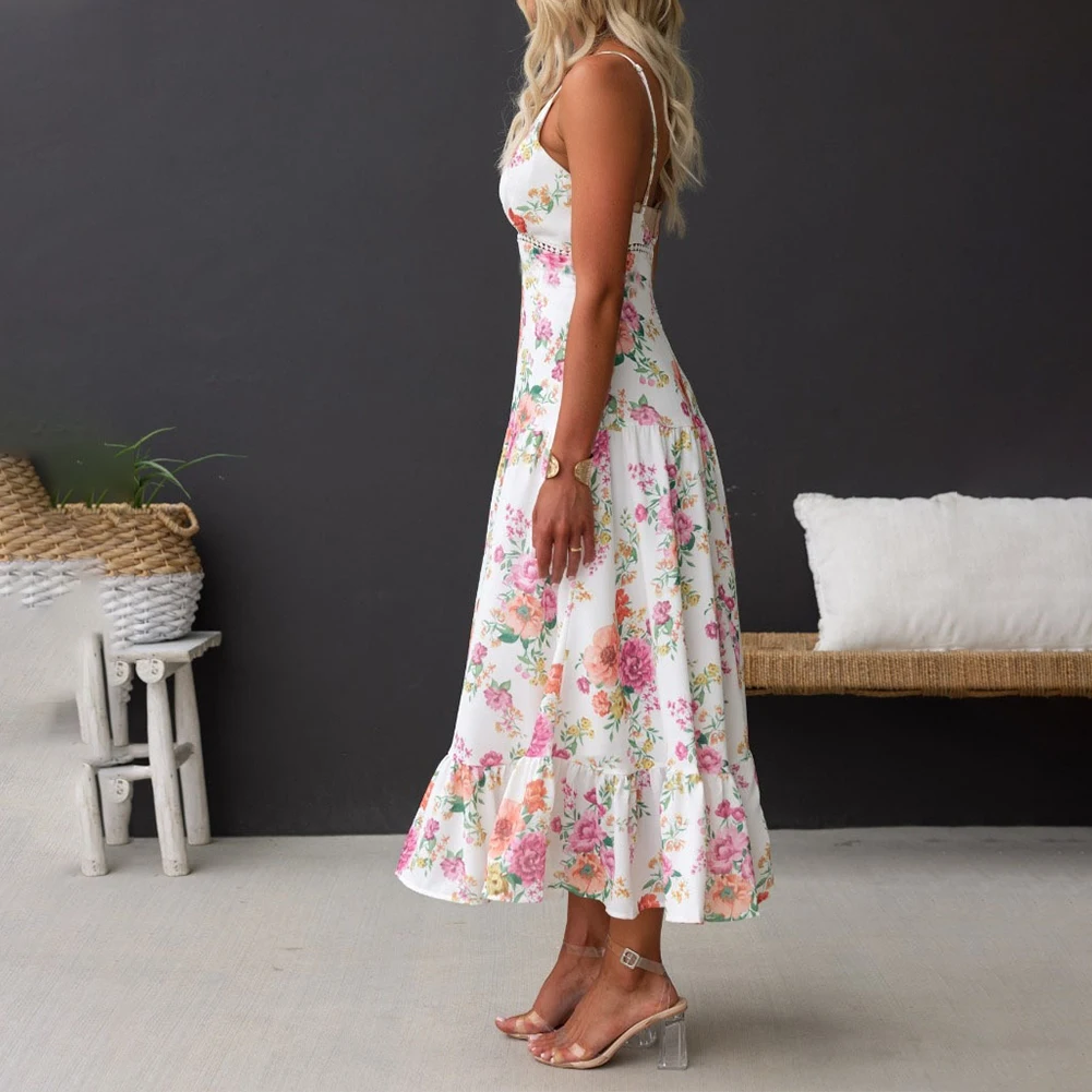 

Women Beach Dress V Neck Floral Printed Sundress Puspenders Slit Bohemian Holiday Dress Casual Sleeveless Vintage Dress