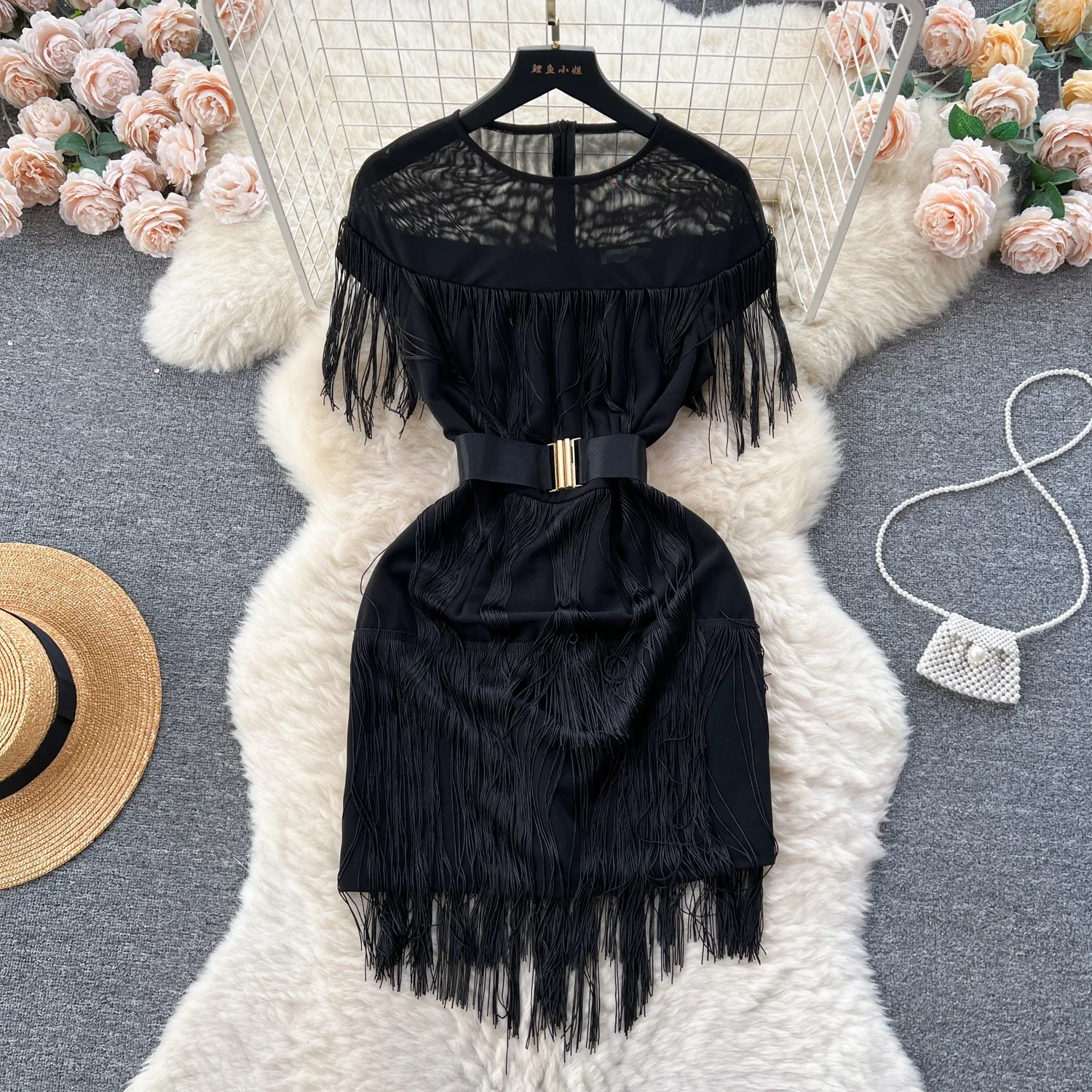 

Elegant Sexy Tassels Hollow out Belt High Waist Bow Sleeveless Dress Vacation Long Sleeves Slim Women Party Hip Wrap Dress