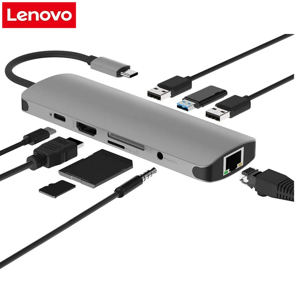 

9 in 1 Multiport Type C Adapter with 4K HDMI Ethernet 1000Mbps RJ45 Port USB-C Power Delivery TF/SD Card Reade HDMI-Compatible