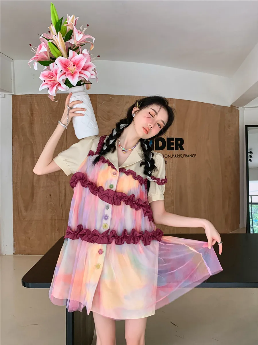 

ZCSMLL Tie Dye Colorful Mesh Summer Blazer Dress Women Ruffles Kawaii Cute Short Sleeve Button Mini Shirt Dress Designer