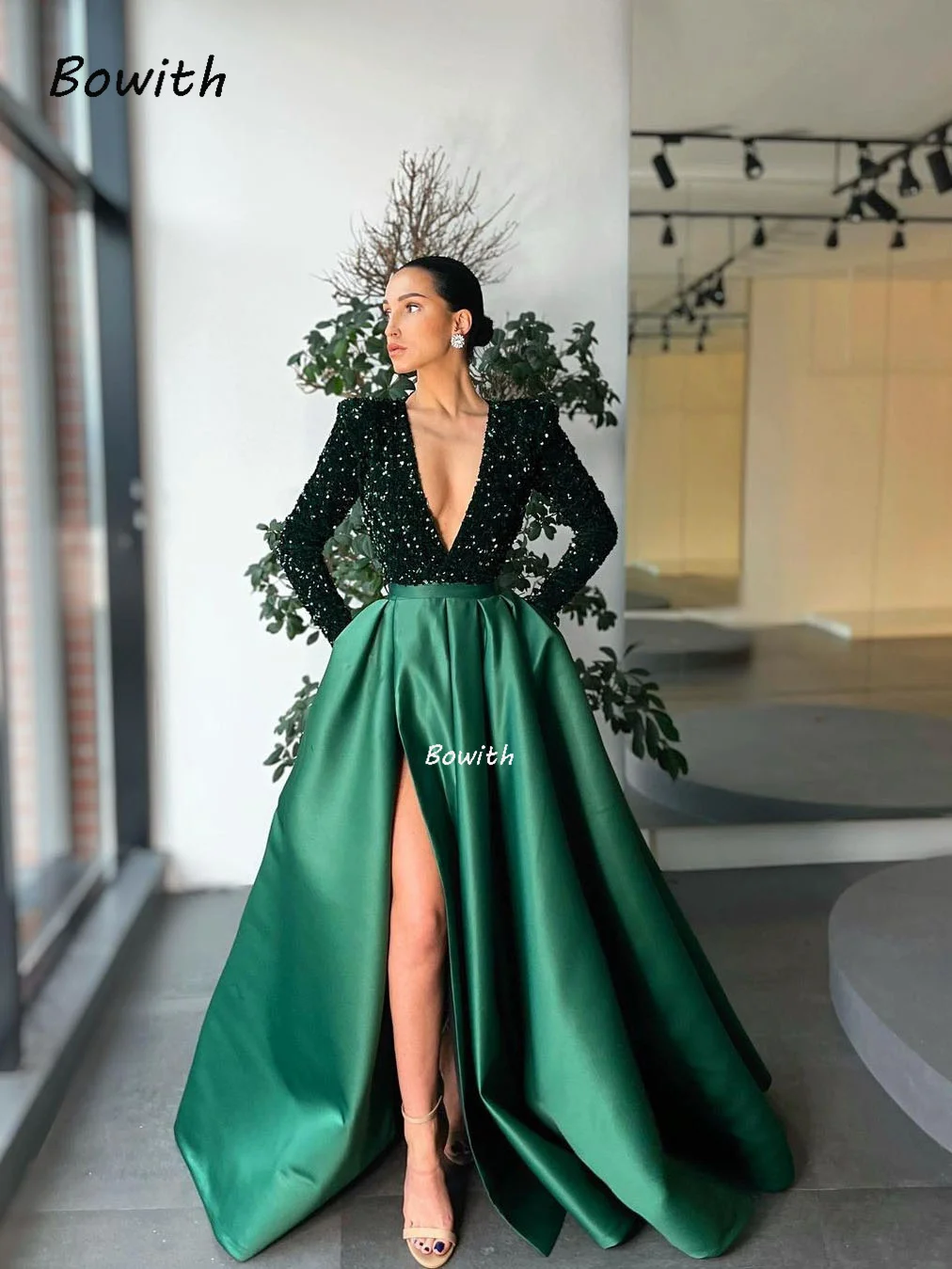 

Long Sequin Evening Dresses Shiny Party Dress Satin Sexy Sparkle Christmas Party Dress Deep V Neck Slit Formal Robe de soiree