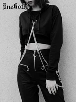 insgoth punk metal chain solid black hoody harajuku hooded cropped tops goth grunge long sleeve women hoodies streetwear