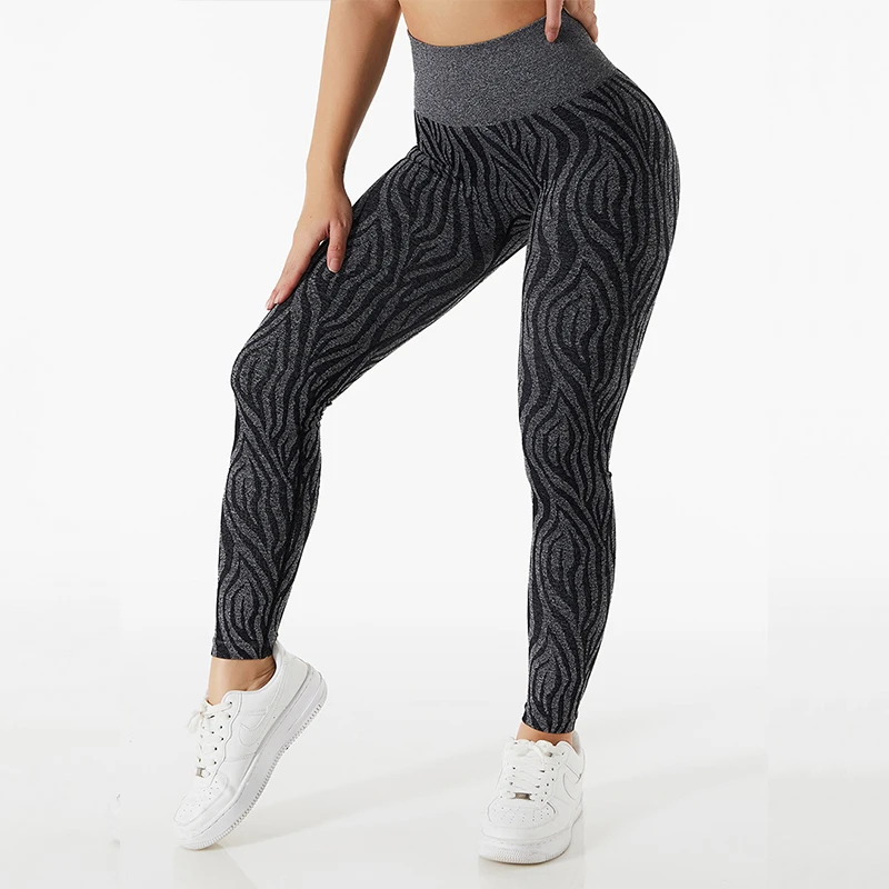Women Fitness Workout Gym High Waist Set Sport Seamless Print Zebra Stripes Pant Yoga Leggings