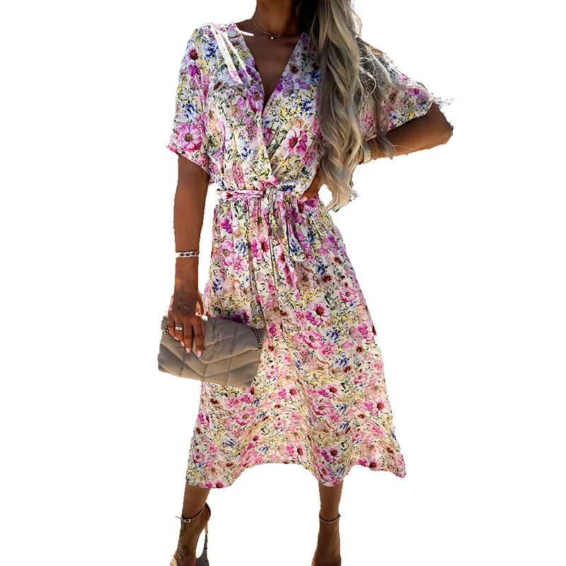 

European and American Style Summer Sweet BohemianVBow Tie Color Waist-Controlled Lace-up Mid-Length Short Sleeve Dress for Women