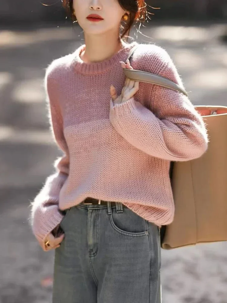 Женский вязаный пуловер с круглым вырезом и длинными рукавами