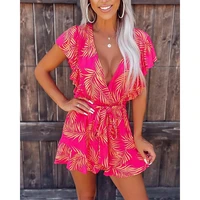 sexy deep v neck short sleeve leaf print hollow out back women short romper female beach suit for women fashion casual jumpsuit