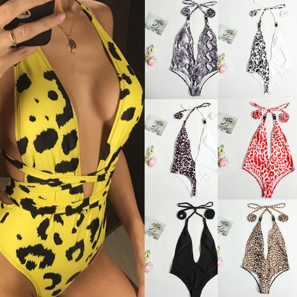 

Ladies Deep V-Neck Sling Halter Neck Color Matching Sexy One-Piece Swimsuit Beach Vacation Leopard & Snake Swimsuit Colorblock