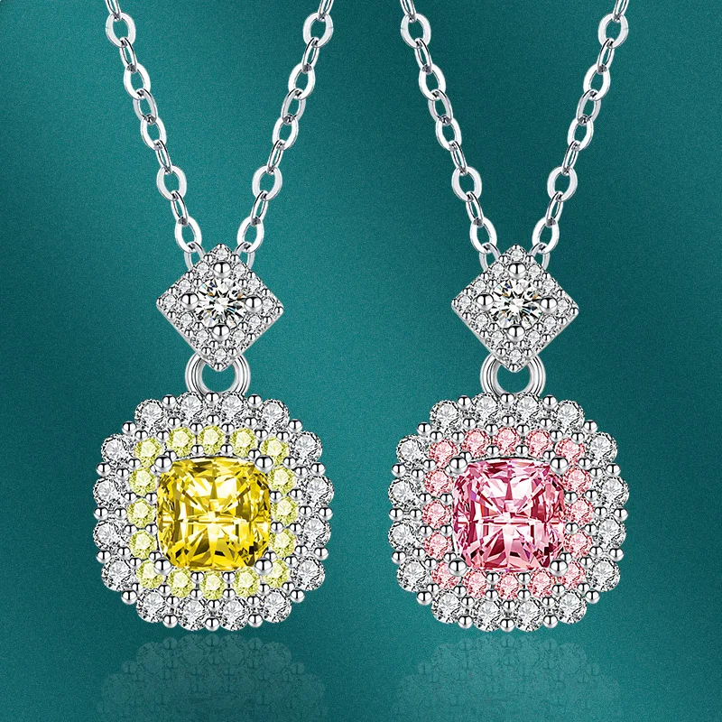 New Pink Yellow Square Moissanite Pendant High Quality Fashion Crystal Wedding Jewelry Ladies Necklace Pendant Wholesale