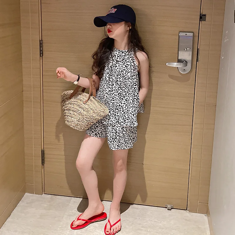 

Girls Summer Leopard Print Sets New Sleeveless Tops+Shorts 2pcs Streetwear Costume Cool Girl Korean Thin Outfits 6 7 8 10 11 12Y