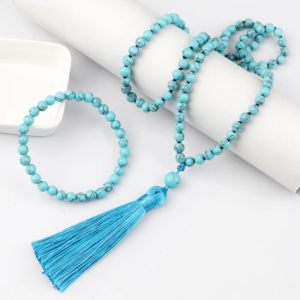 

Natural Stone Bead Bracelet & Neckalce Blue Turquoises Beaded Bracelet Bangle Women Men 108 Mala Handmade Wristband Jewelry Gift