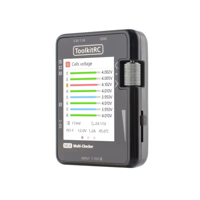 Фото DroMaToolkitRC MC8 Smart 32-битный мультичекер для батарей с быстрой зарядкой через USB-C, выходом PWM, тестером сигналов PPM и SBUS. №3