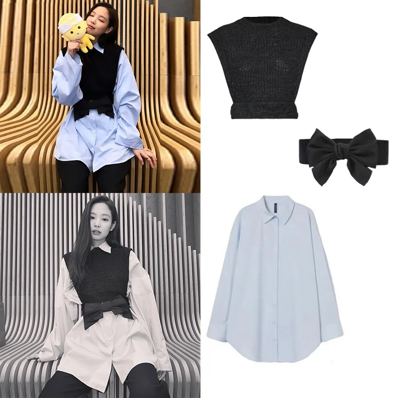 

Kpop Корейская сценическая Повседневная рубашка с длинным рукавом в стиле Звезд однотонные Топы + черный вязаный жилет Модные свободные блузки Женский комплект из 2 предметов