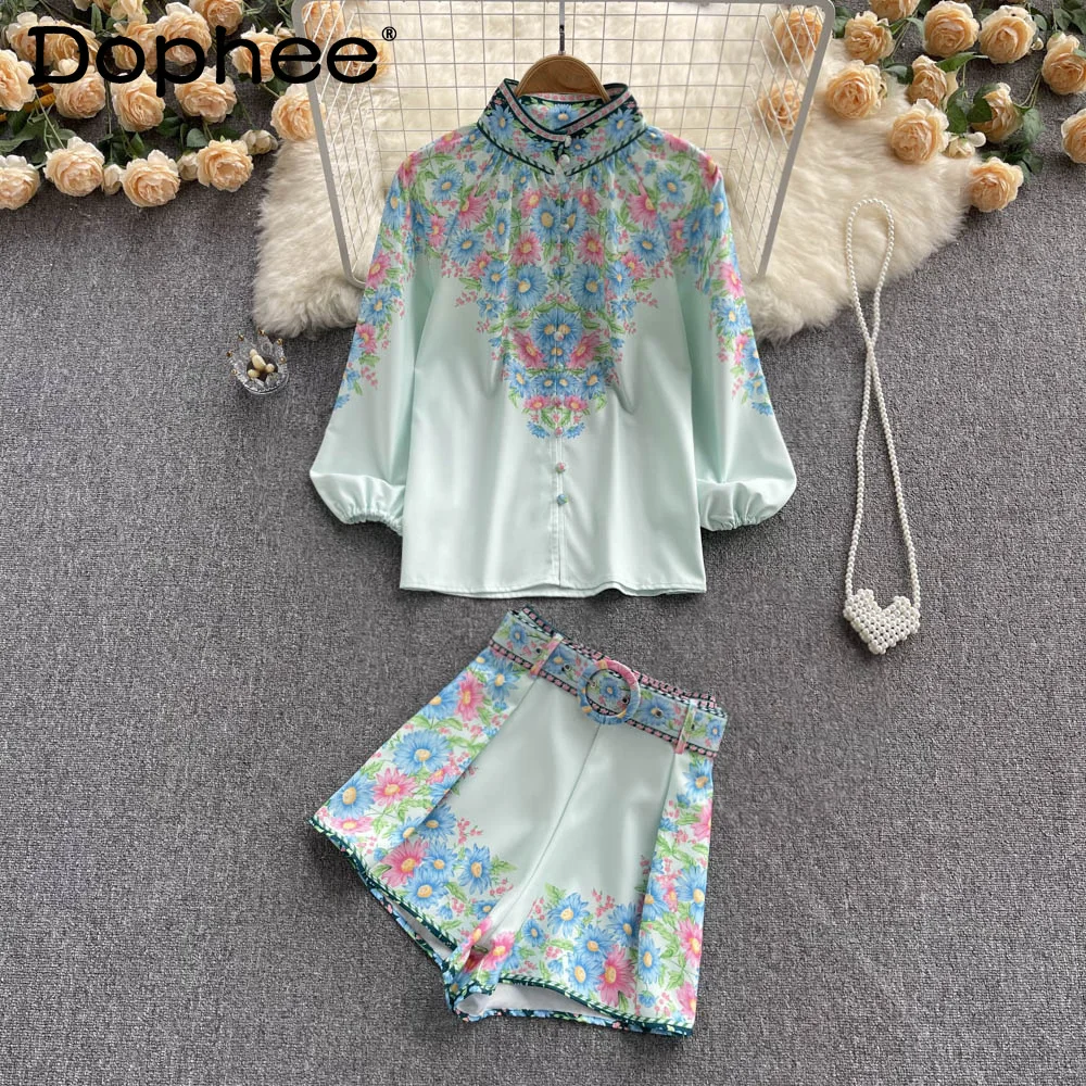 

Women Stand Collar Vintage Print Shirt High Waist Belt Shorts New Two Piece Set Fashion Spring Summer 2022