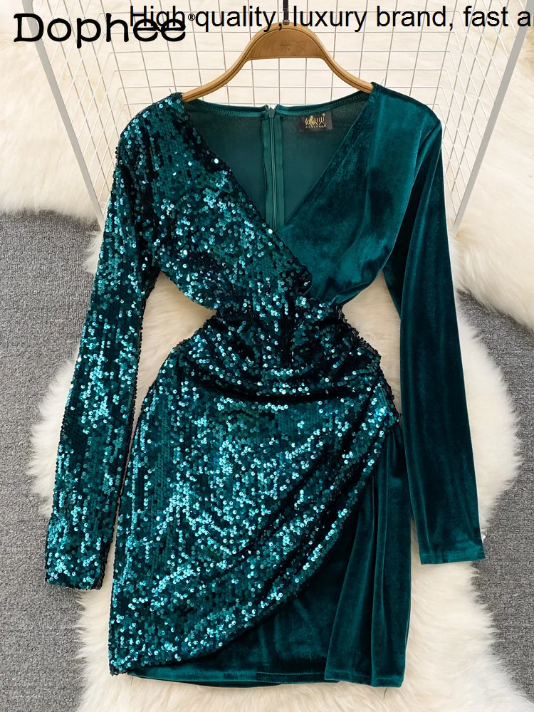 

Socialite Autumn Winter V-neck Slim Waist Glitter Stitching Pleuche Women Temperament Split Evening Party Mini Dress