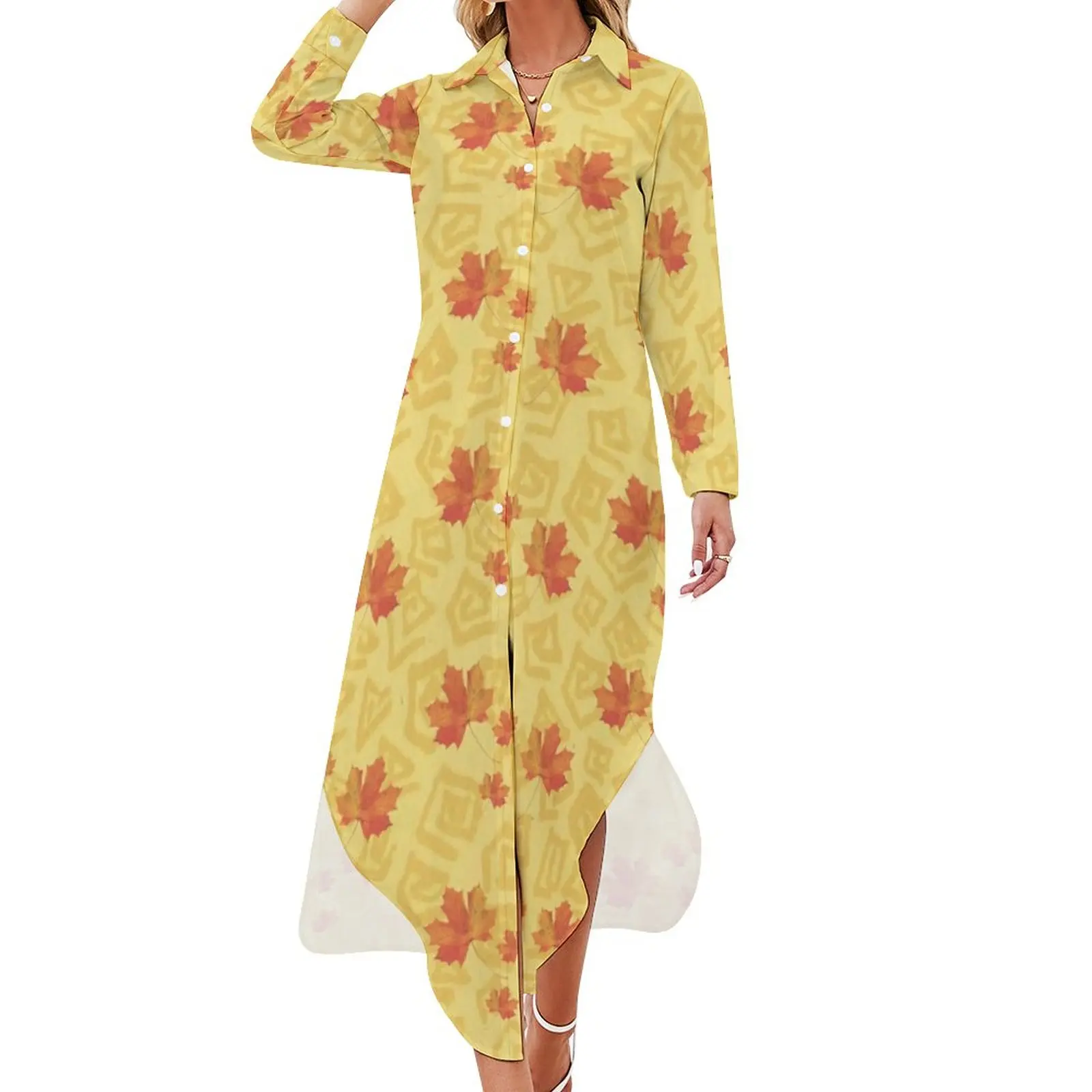 

Fall Leaf Chiffon Dress Sexy V Neck Maple Leaves Print Beach Dresses Women Street Wear Casual Dress Gift Idea