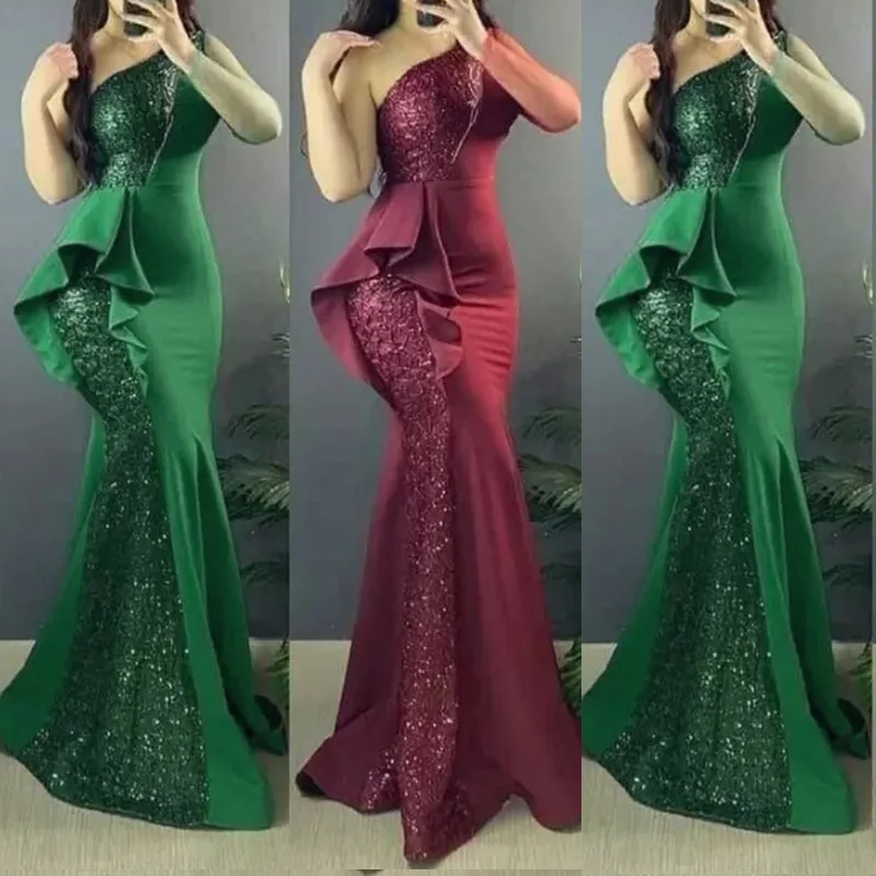 2022 Woman Elegant Evening Dress Sexy Sequined One Shouldert Sleeveless Cascading Ruffles Slit Mermaid Vintage Prom Dresses