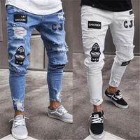 2022 men stretchy ripped skinny biker embroidery print jeans destroyed hole taped slim fit denim pants high quality trousers