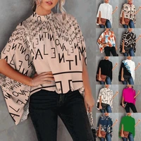 women summer fashion blouse batwings sleeve plainprint mock neck casual shirt ladies loose street wear tops