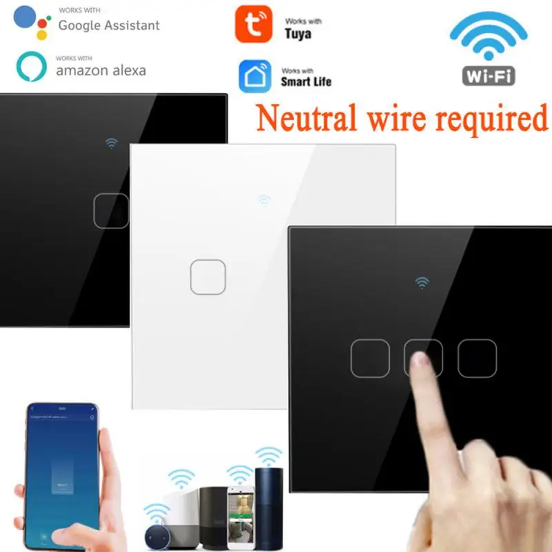

Умный сенсорный выключатель 1/2/3 Gang TUYA Wi-Fi, не требуется нейтральная кнопка для дома, настенная кнопка для Alexa и Google Home Assistant, стандарт ЕС