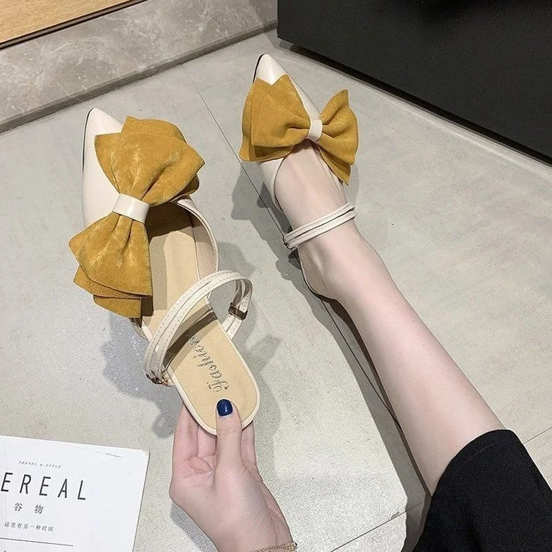 

Pointed Toe Half Drag Female Flat Bottom Outer Wear 2022 Spring and Summer New Fashion Bow Fairy Wind Ins Tide Muller Shoes
