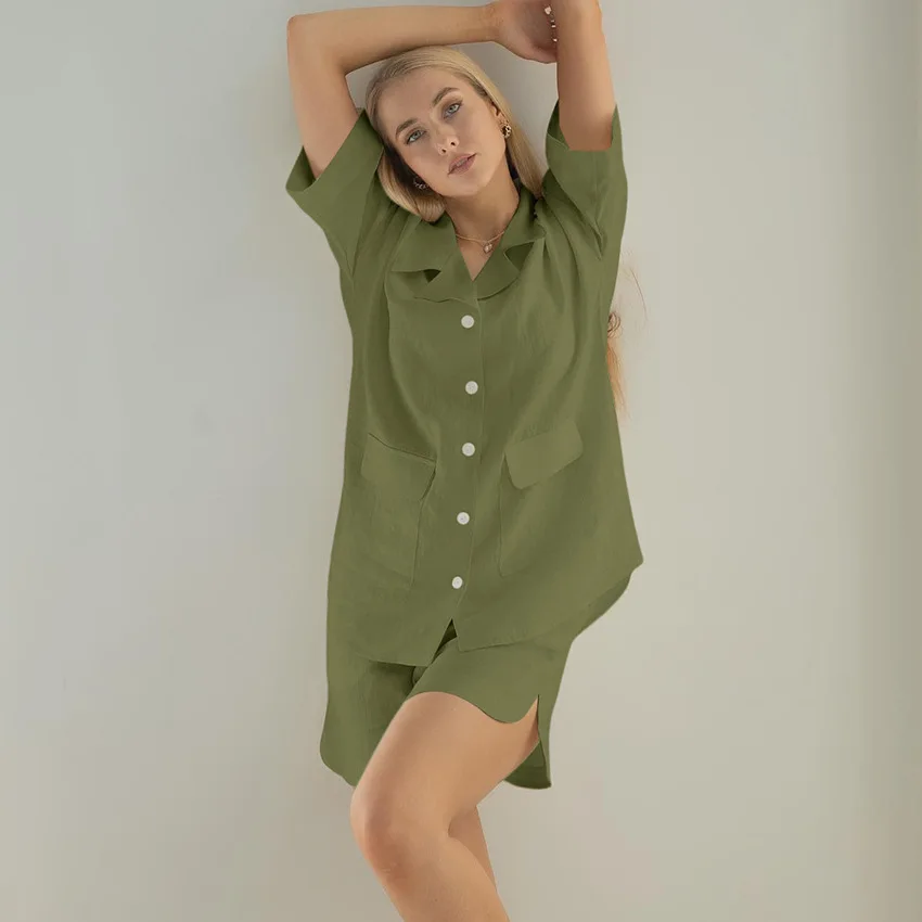 

Casual Home Clothes For Women 2 Piece Set Cotton Short Sleeve Turn Down Collar Tops Female Shorts Autumn Nightwear 2022