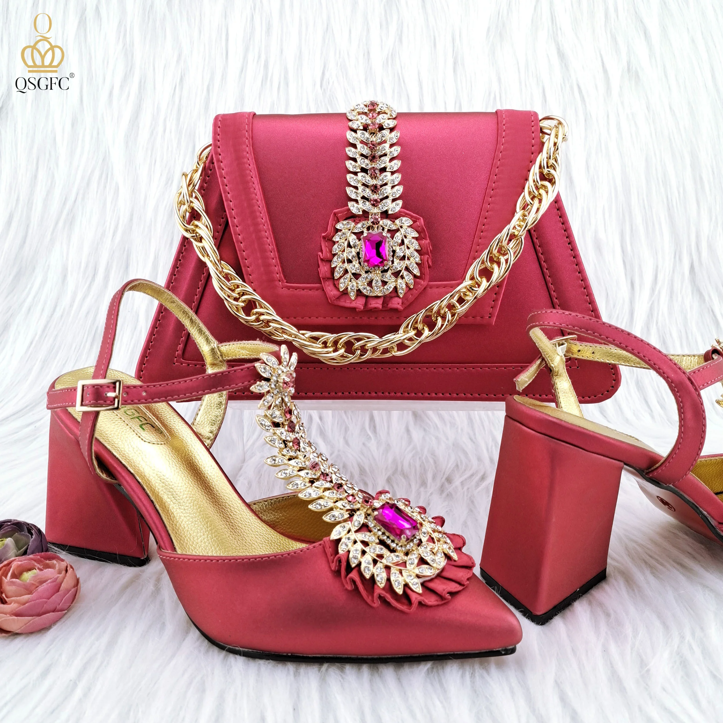 

QSGFC New Design Fuchsia Three-dimensional Bag With Shiny Diamond Decorated High Heels Shoes Nigeria Ladies Party Shoe Bag Set