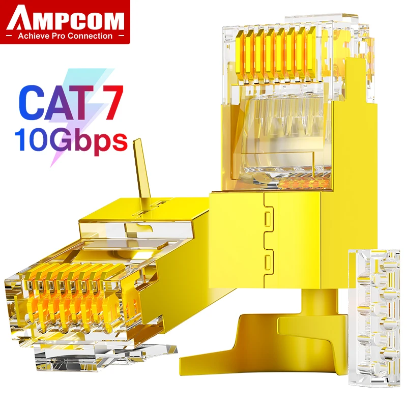 AMPCOM Оболочка из 2 элементовCAT6A & CAT7 Экранированная 10Gbps STP RJ45 Модульный штекер с нагрузочной пластиной, 50μ Поддержка золоченого покрытия 23-26AWG