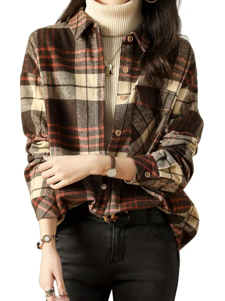 

Vintage Versatile Brushed Plaid Shirt Loose Shirt 2022 Autumn New Korean Fashion Women'S Wear