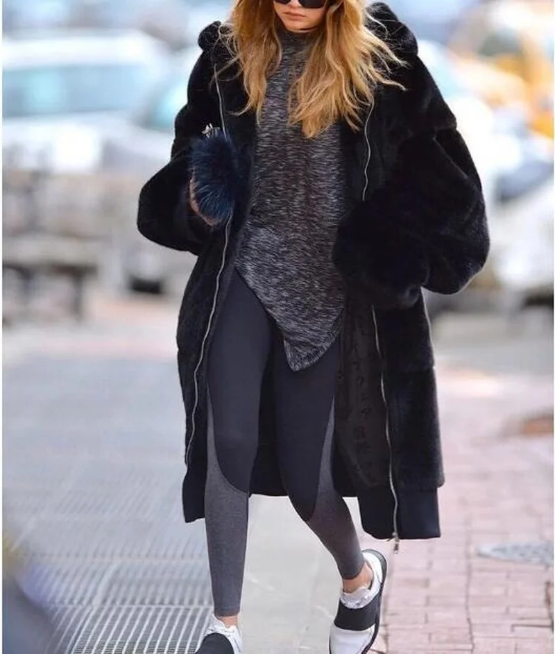 2021 New Long Solid Color Faux Fur Coats Women Outwear Loose Winter Warm Hooded Zipper Fur Jackets Female Fashion Casual Coat