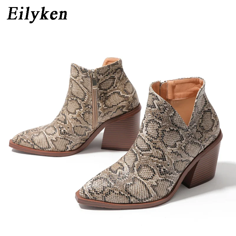 

Eilyken Autumn Winter Chelsea Booties 2023 Snake Pattern Pointed Toe Ankle Boots For Women Short Chunky Punk Designer Shoes