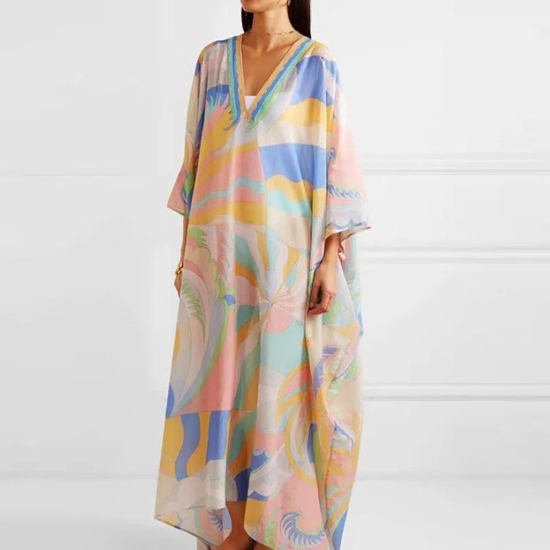 

Summer Floral Print Elegant Maxi Dress Women 2023 V-Neck Oversized Loose Long Boho Dresses Casual Split Dress Female Vestidos