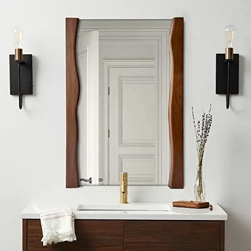 

Wooden Mirror with Live Edge Wood Frame, Irregular Mirror 20 x 28 Inch Hanging Vanity Mirrors for Bathroom, Living Room, Bedroo