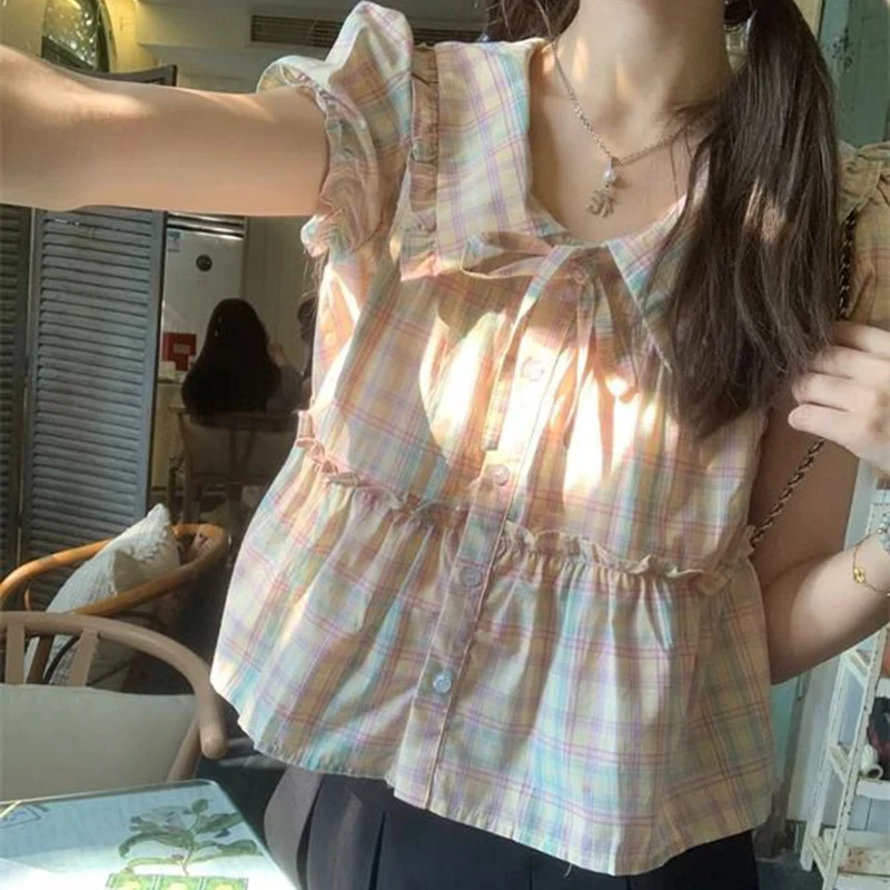 Рубашки и блузки в клетку корейская модная женская блузка с отложным воротником