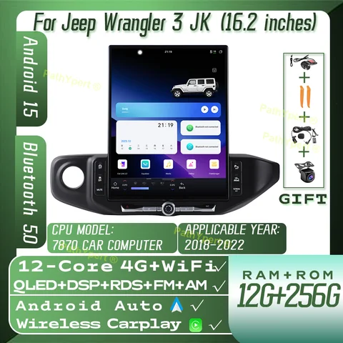 16,2-дюймовый экран Galaxy 4K Android 15 для Jeep Wrangler 3 JK 2018-2022, автомобильное радио, встроенный 360° ° Панорамный просмотр с усилителем TDA7851