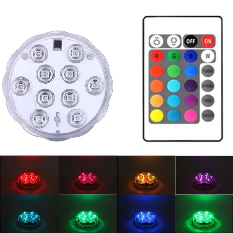 

10leds RGB Submersible Light Underwater LED Night Light for Outdoor Vase Fish Tank Pond Disco Wedding Party Swimming Pool Light