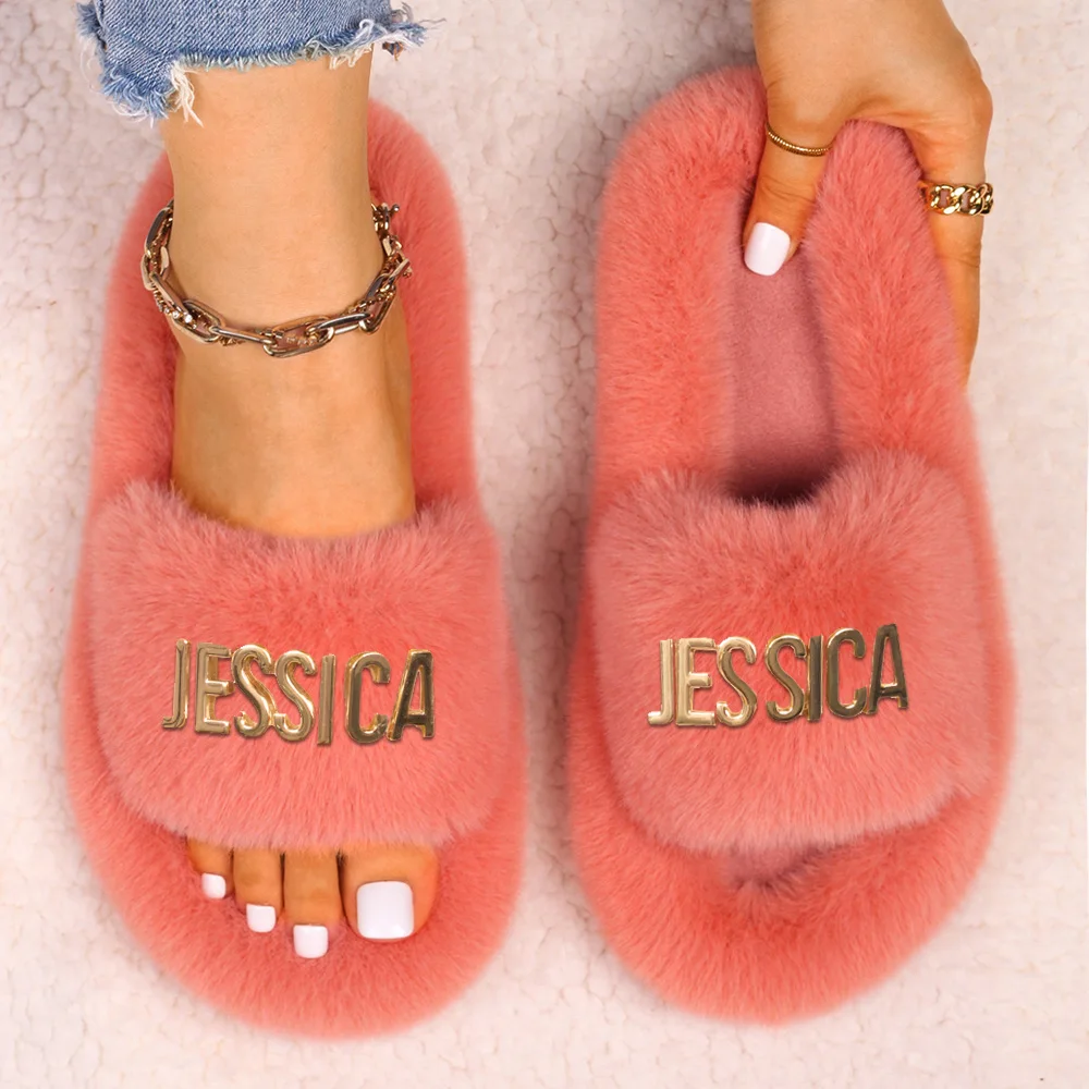 Women's Slippers Fluffy Flip Flops Furry Slides Slippers Alloy Letter JESSICA Decor Hollow Flat Faux Fur Sandals Decor Platform