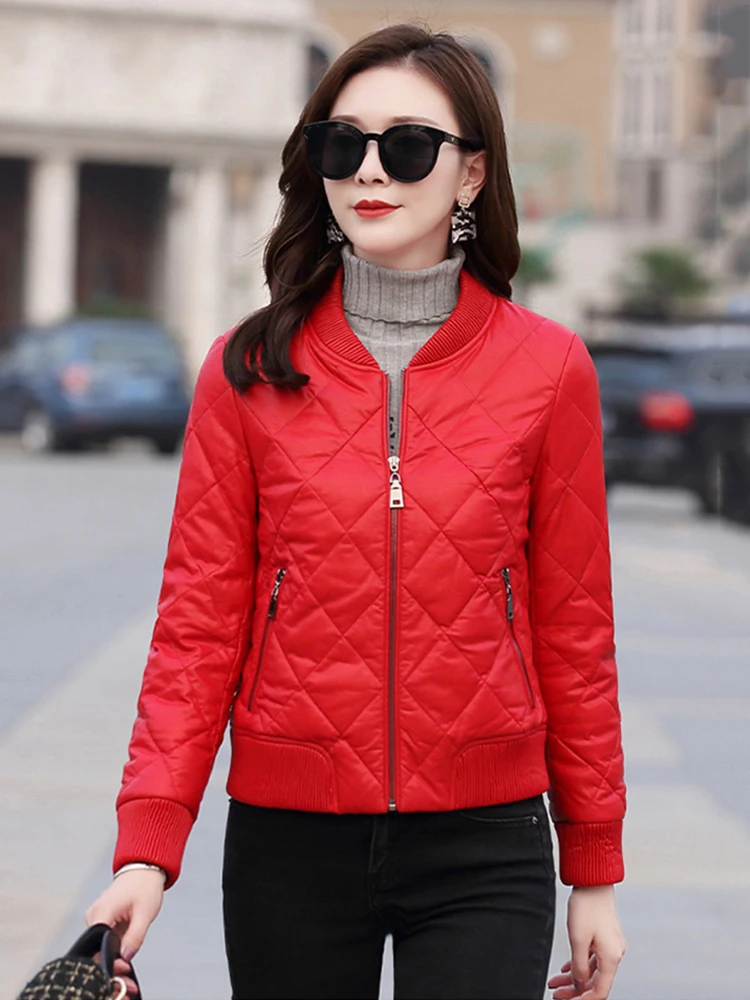 New Women Leather Down Jacket Autumn Winter Casual Fashion Baseball Style Warm Slim Short Sheepskin Coat Split Leather Jacket