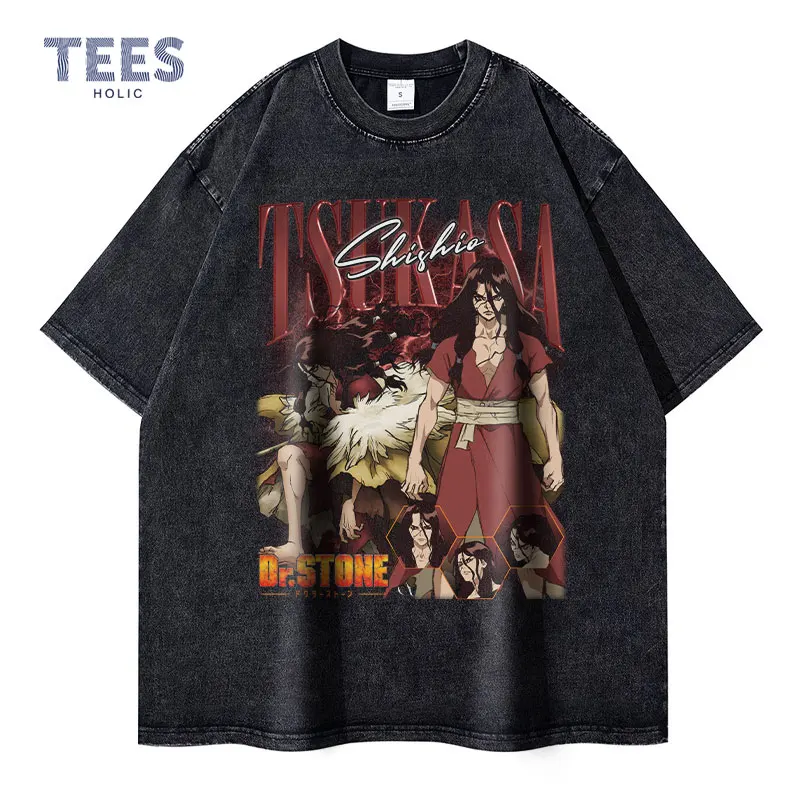 

Shishio Tsukasa Pattern T Shirt Vintage Washed Anime Dr Stone T-shirts Streetwear Casual Short Sleeve Harajuku Retro Tops Tees