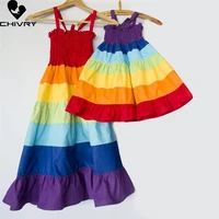 new 2022 mother daughter summer dresses sleeveless rainbow striped beach dress mom mommy and me dress family matching outfits