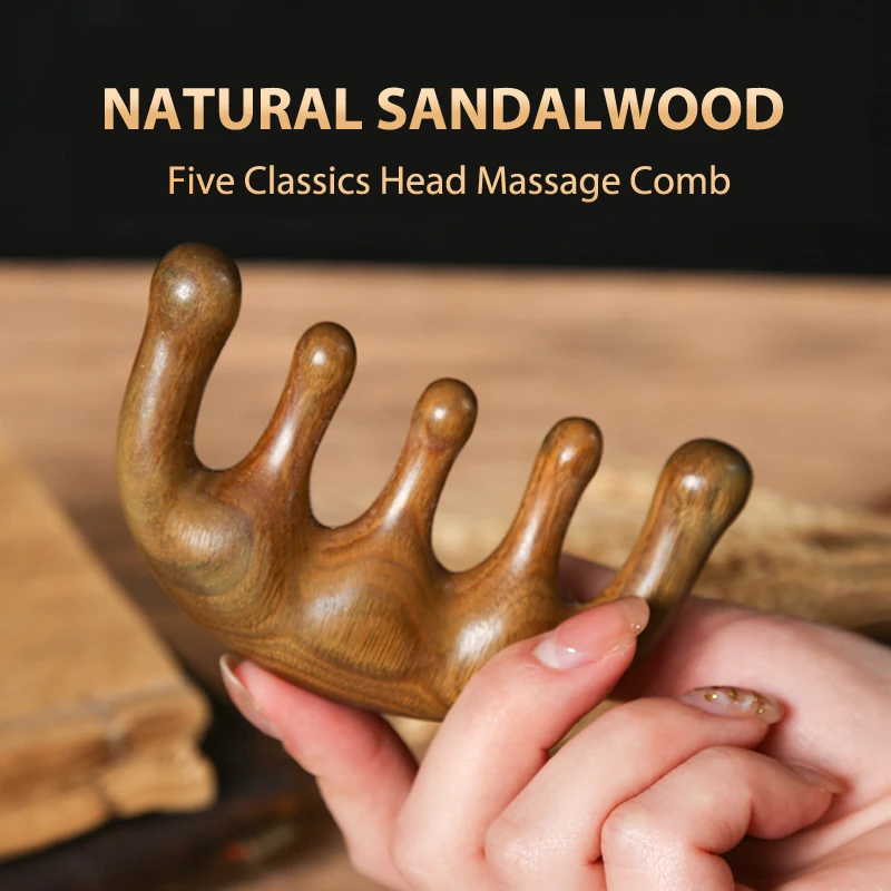

Head Meridian Massage Comb Green Sandalwood Five Wide Tooth Acupuncture Therapy