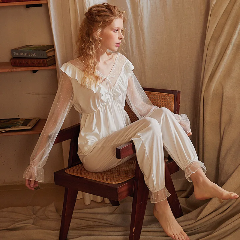 Women's Spring Autumn Sexy Lace Stitching V Neck Elegant Temperament Cotton Pajama Sets Sleepwear Pajamas Women's Sleep