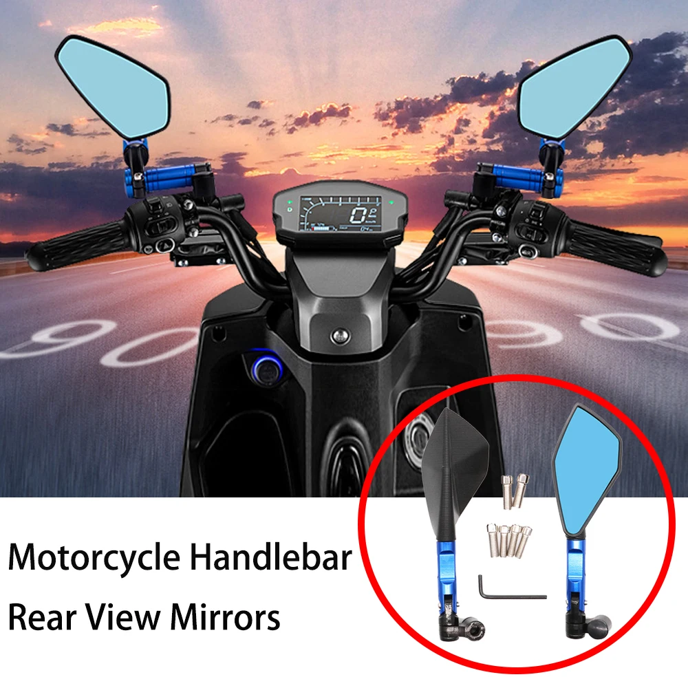 

1SET Universal Motorcycle Handlebar Rear View Mirrors Blue RED Anti-glare Mirror for Honda Yamaha Suzuki Scooters CNC Aluminum