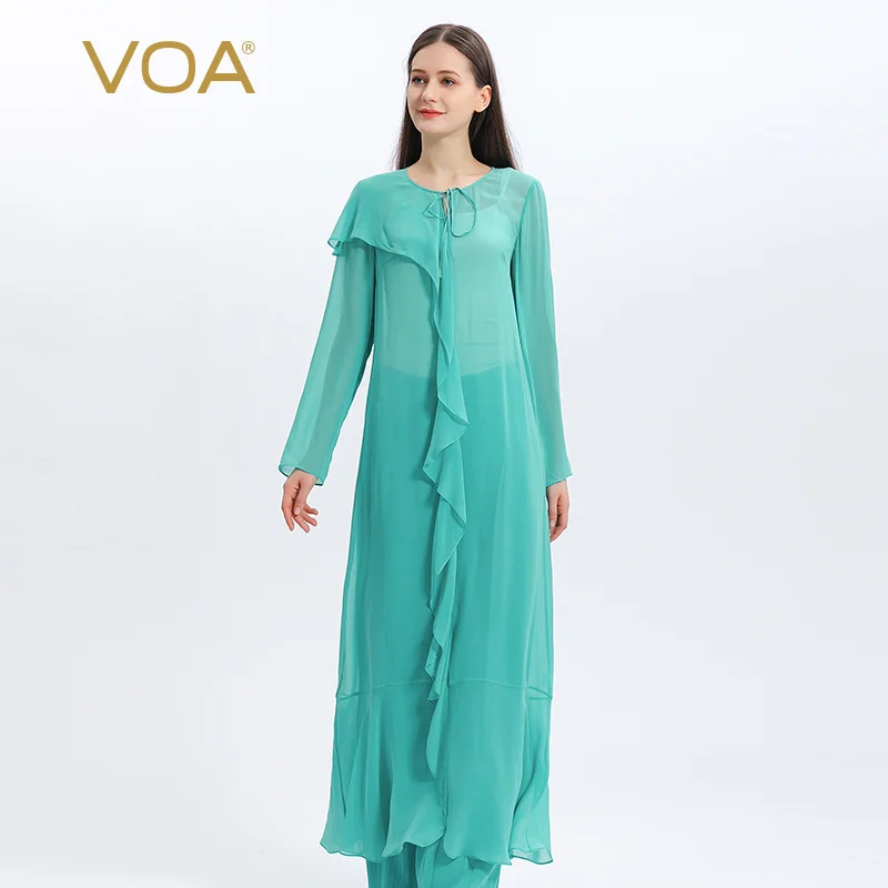 VOA Streetwear Stylish Ruffles Beach Glass Blue Silk Thin Pullover Coats Dress Georgette Streetwear Long Sleeve Coat Women WE157