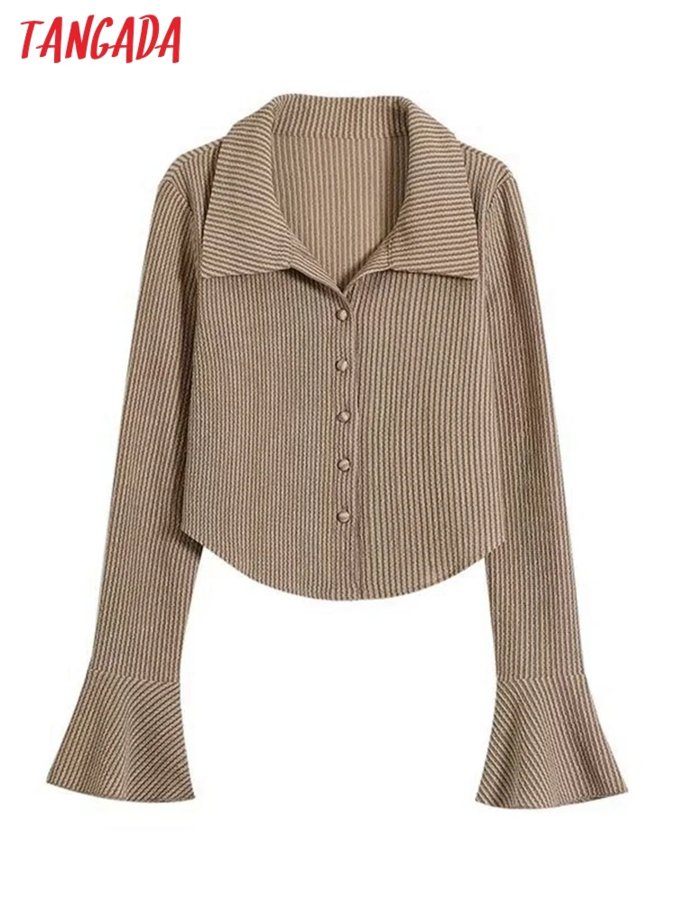 

Женские облегающие майки кроп Tangada 2023, женские блузки с расклешенными длинными рукавами и пуговицами спереди 2H9