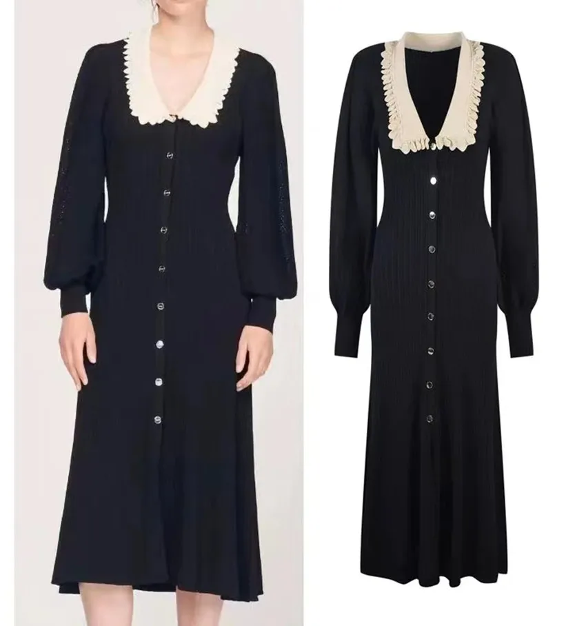 Женское трикотажное платье-свитер с рукавами-фонариками и кукольным воротником