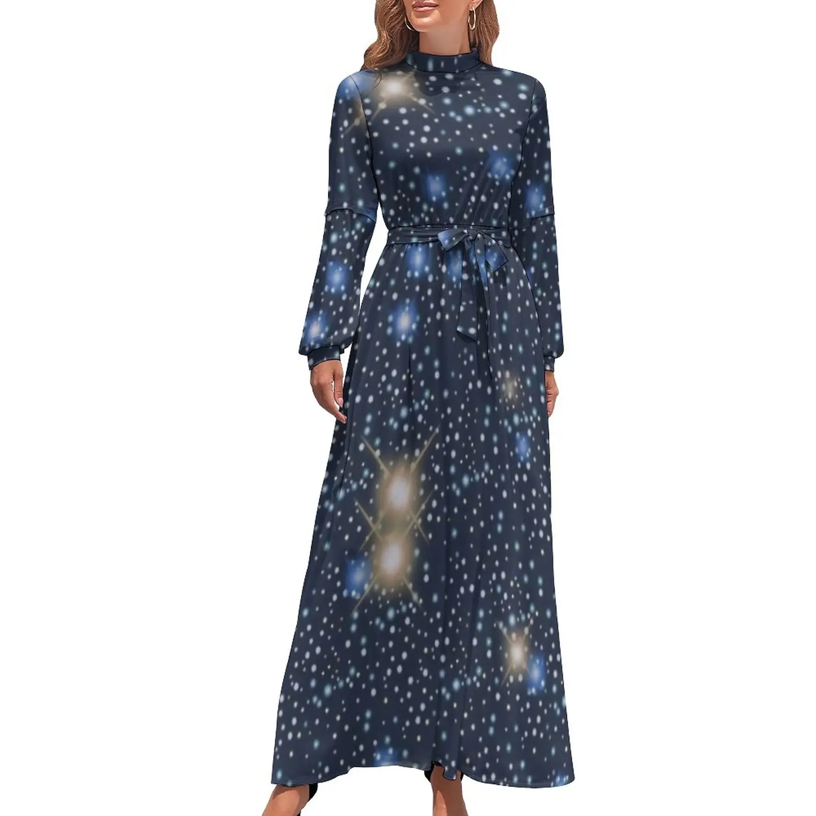 

Dark Blue Galaxy Dress Vivid Sparkle Stars Elegant Maxi Dress Street Style Beach Long Dresses High Waist Printed Clothing